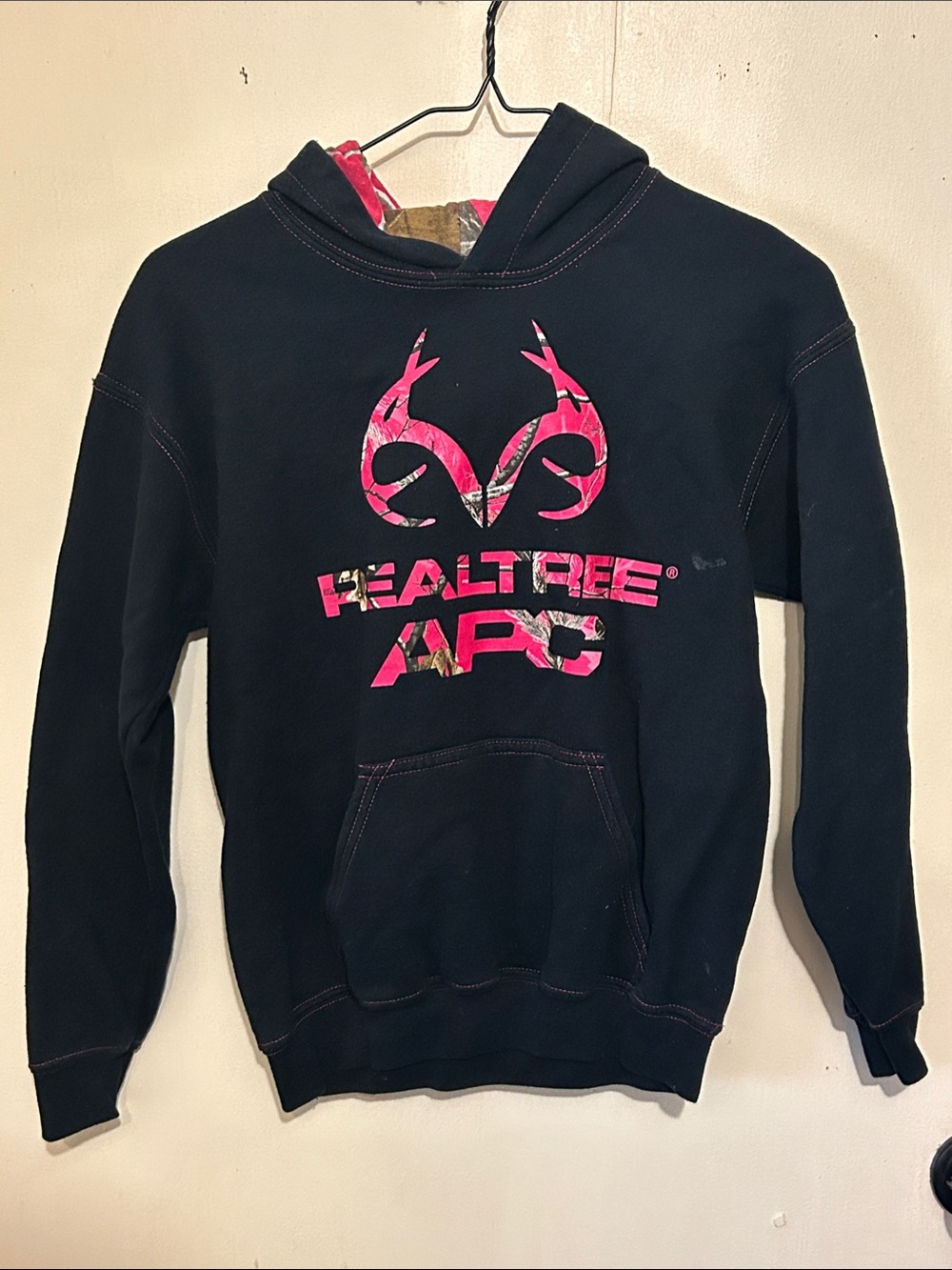 Realtree kids Black Hoodie with Pink Camo Logo. Kids size 10